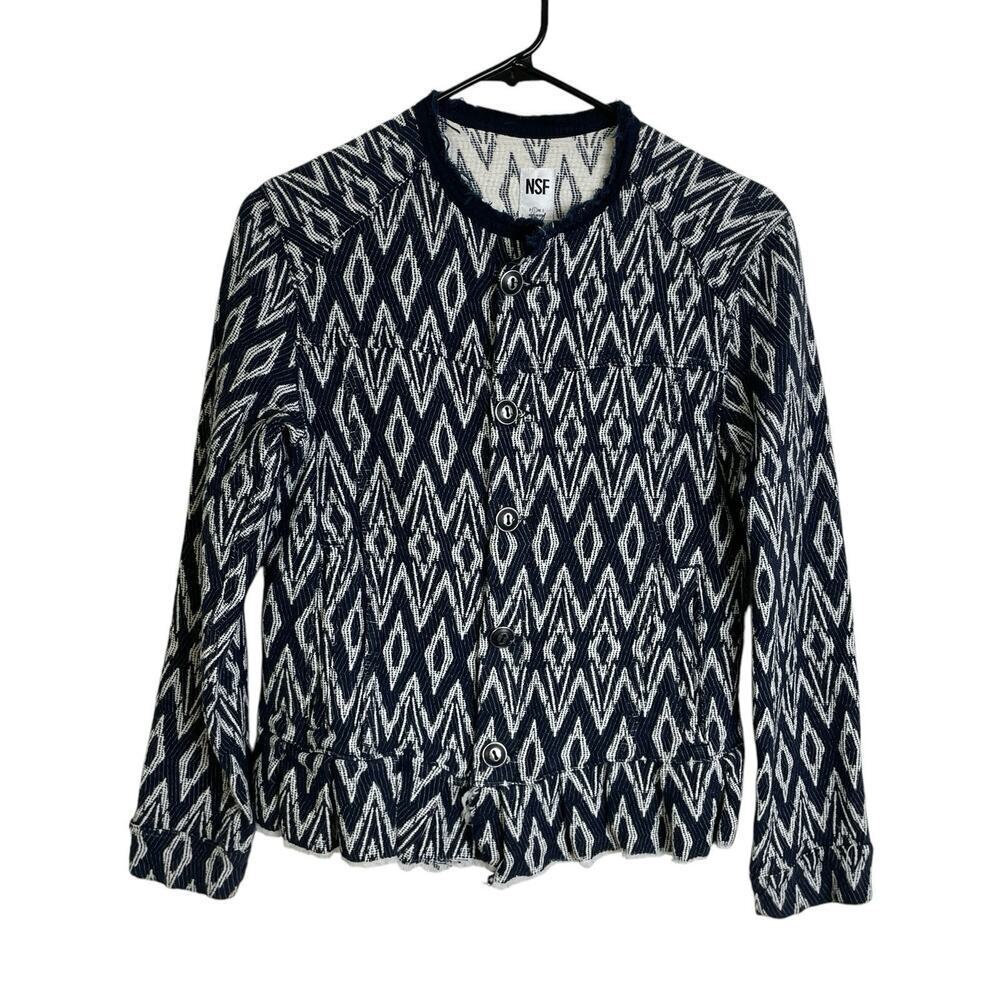 NSF Shaw Jacket Small Womens Blue White Diamond Button Up Southwest Raw Hem